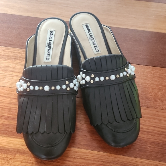 Karl Lagerfeld Pearl and Black Leather Loafers Size 9.5 - Picture 1 of 14
